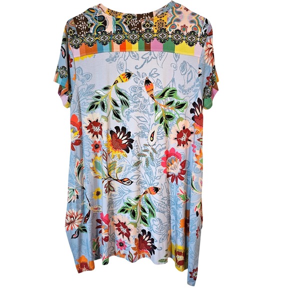 JOHNNY WAS Rainbow Floral Drape Tunic V-neck Bamboo Medium Blue Vacation Stretch - Picture 4 of 6